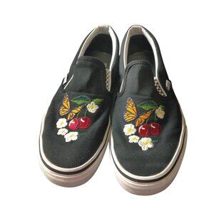 Vans Women's 8.5 Embroidered Butterfly Cherry Black Floral Slip On Sneakers Shoe